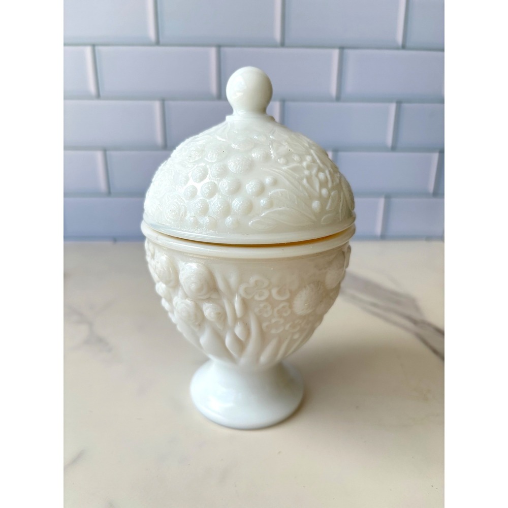 Vintage Milk Glass Floral Fruit Pedestal Candy Dish Lidded Jar with Candle 6"
